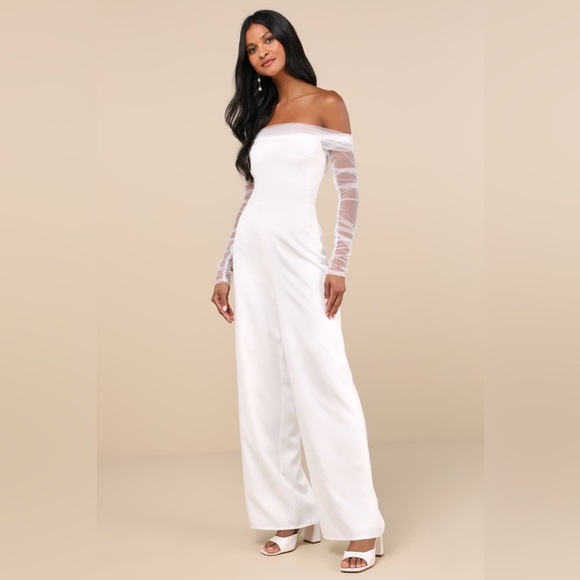 LULU’S Eternal Bliss White Tulle Off The Shoulder Wide-Leg Jumpsuit - Picture 3 of 5